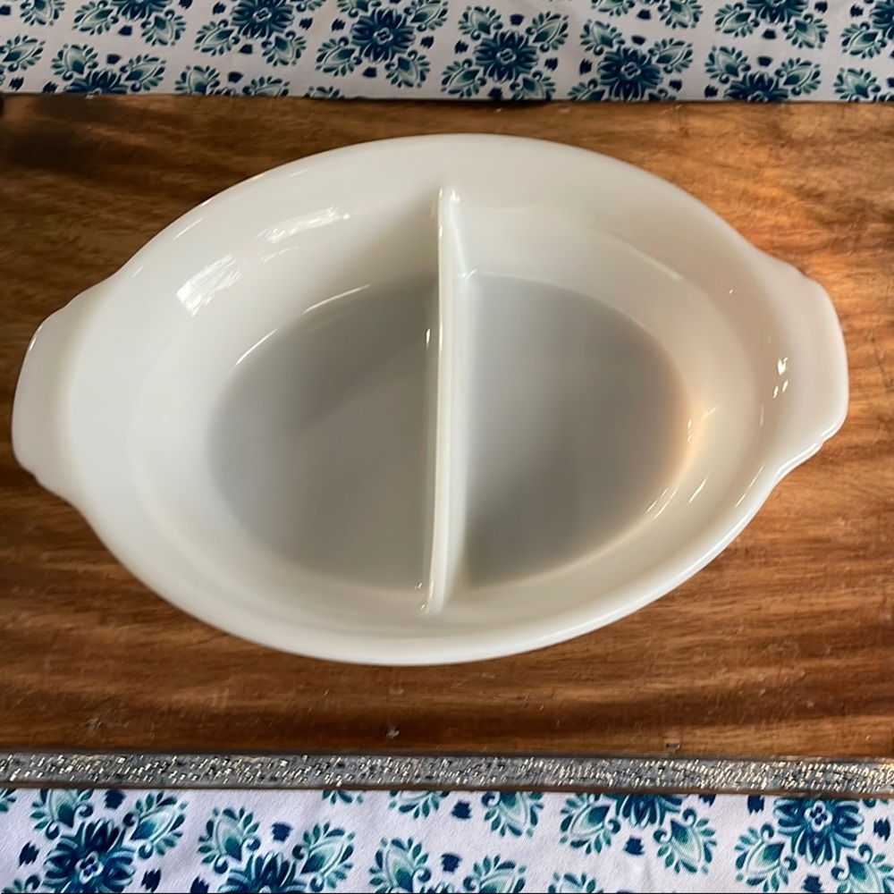 Vintage Fire-King White Milk Glass Divided Baking Dish